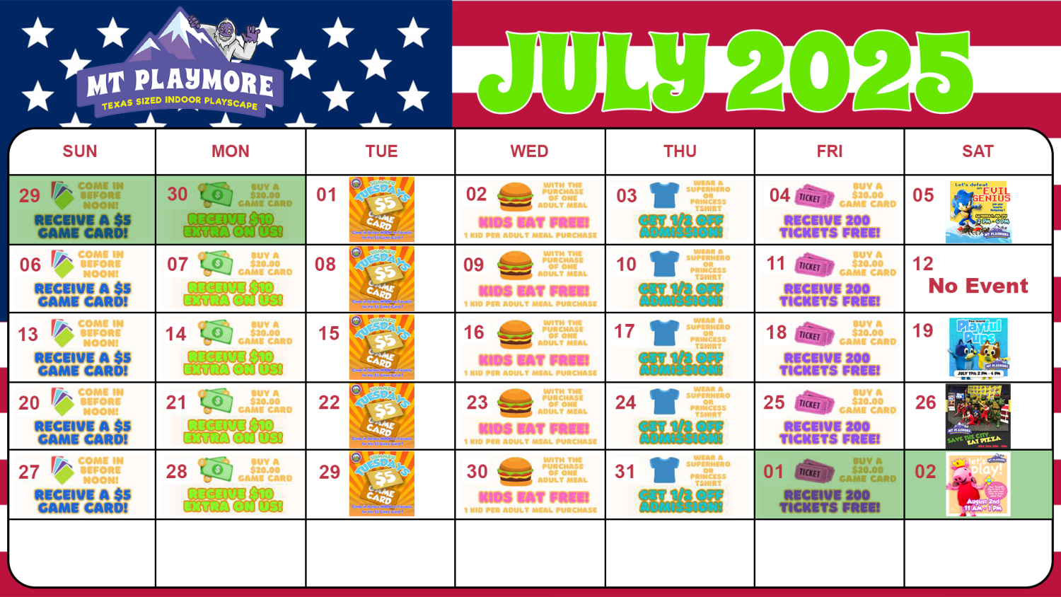 Calendar of events for Mt Playmore