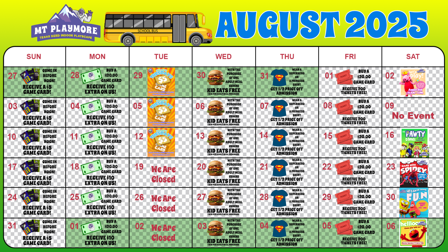 Calendar of events for Mt Playmore