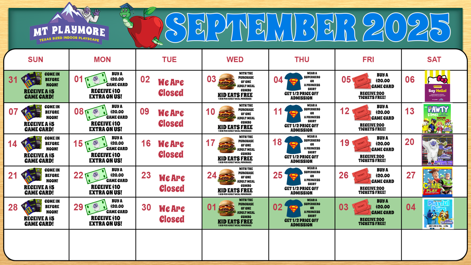 Calendar of events for Mt Playmore