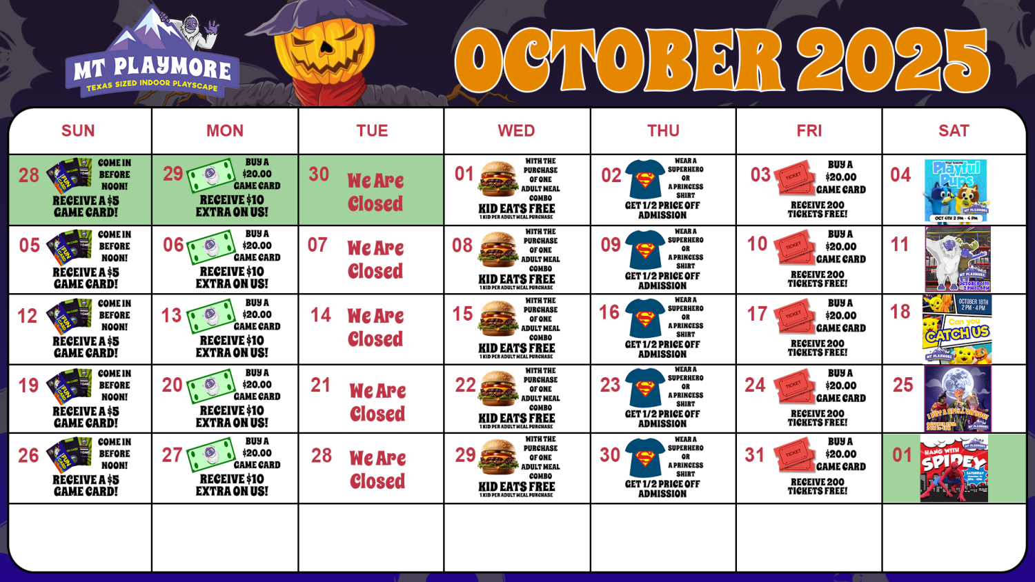 Calendar of events for Mt Playmore