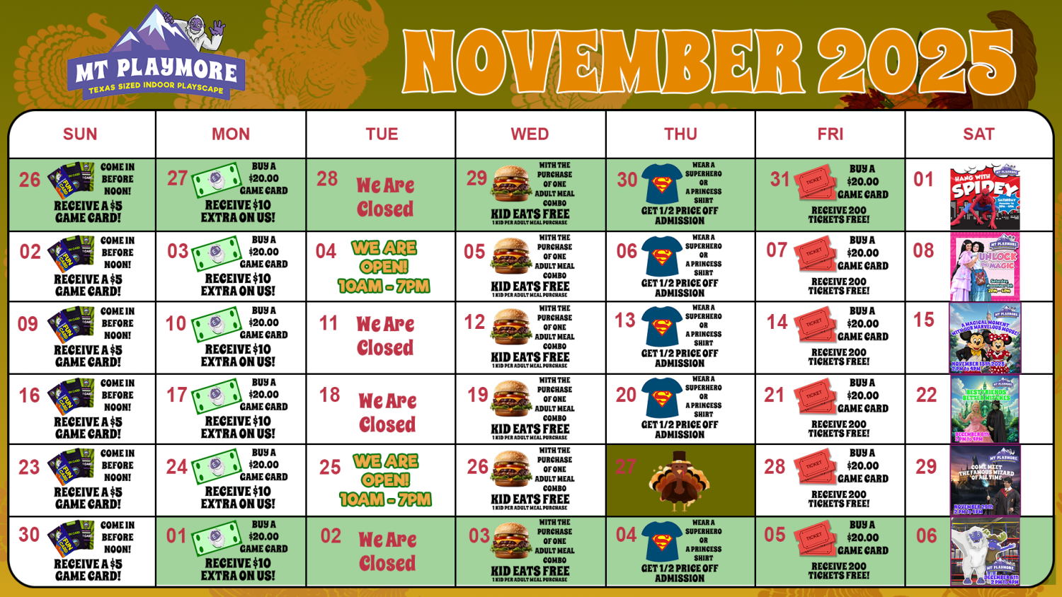 Calendar of events for Mt Playmore