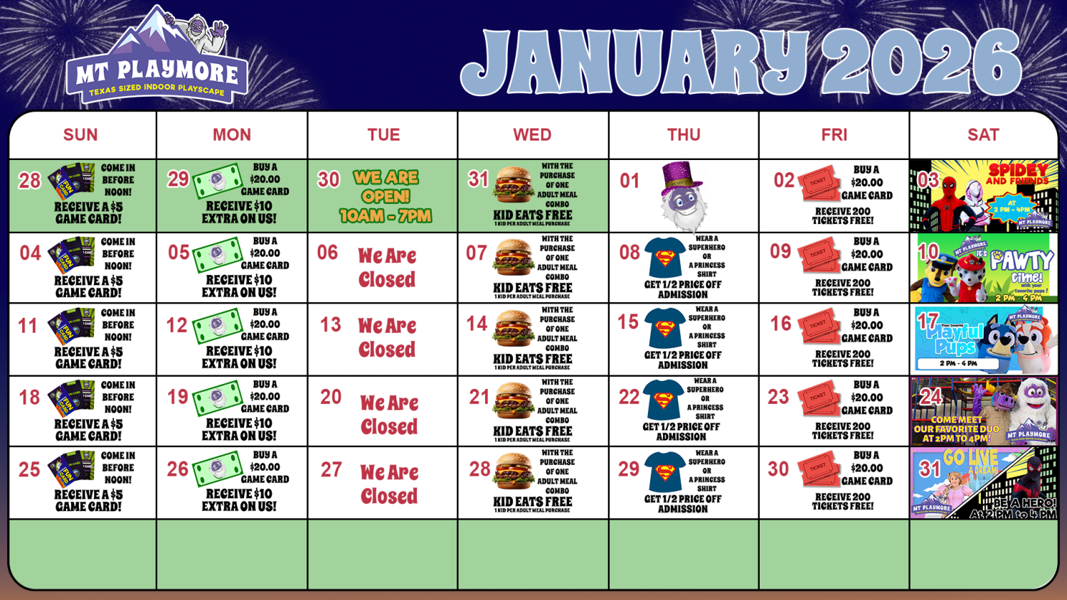 Calendar of events for Mt Playmore