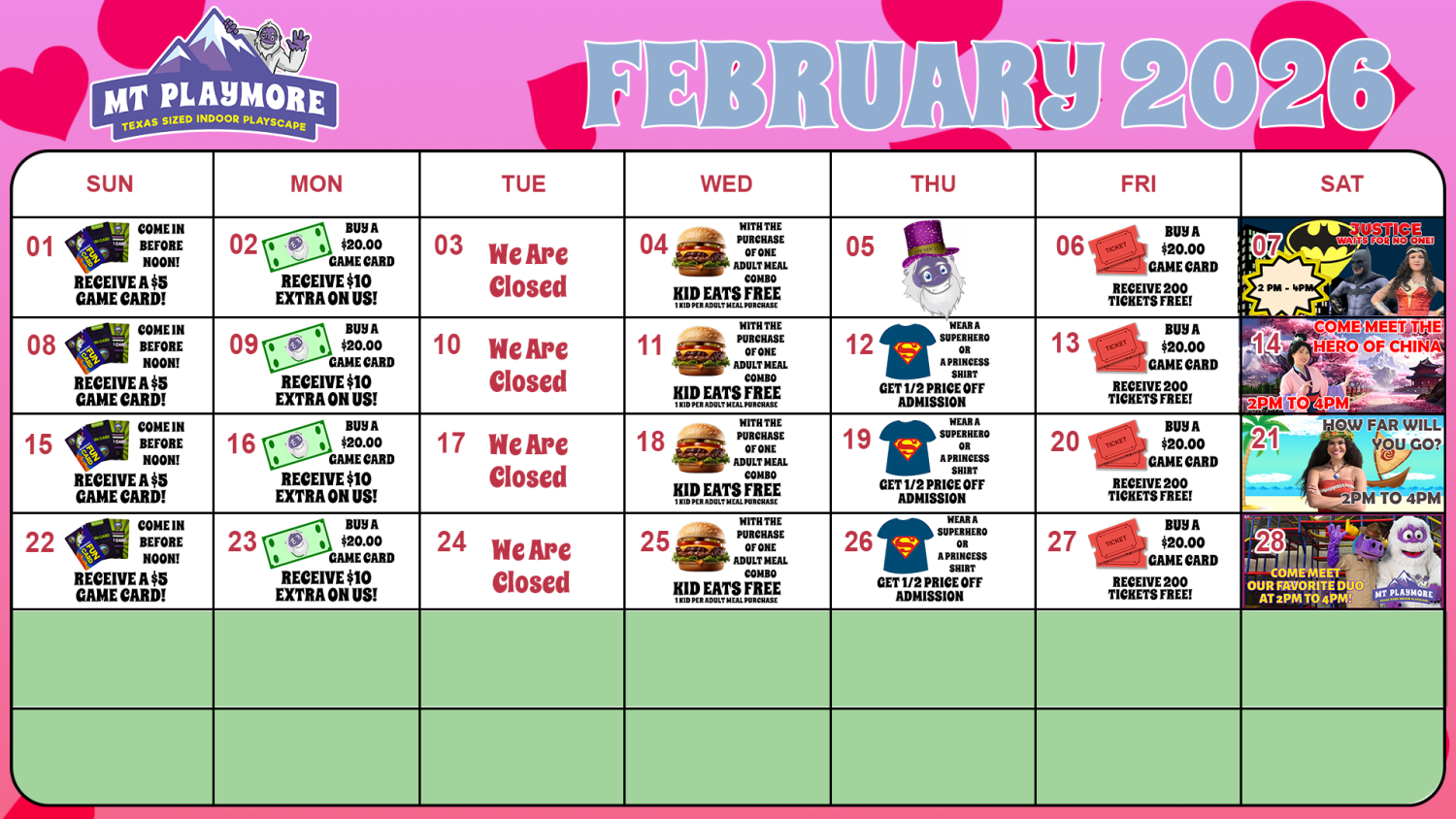 Calendar of events for Mt Playmore