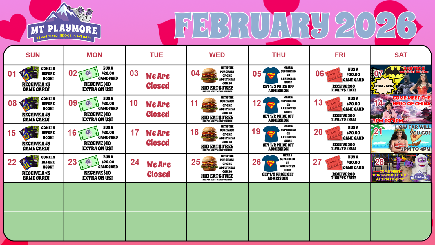 Calendar of events for Mt Playmore