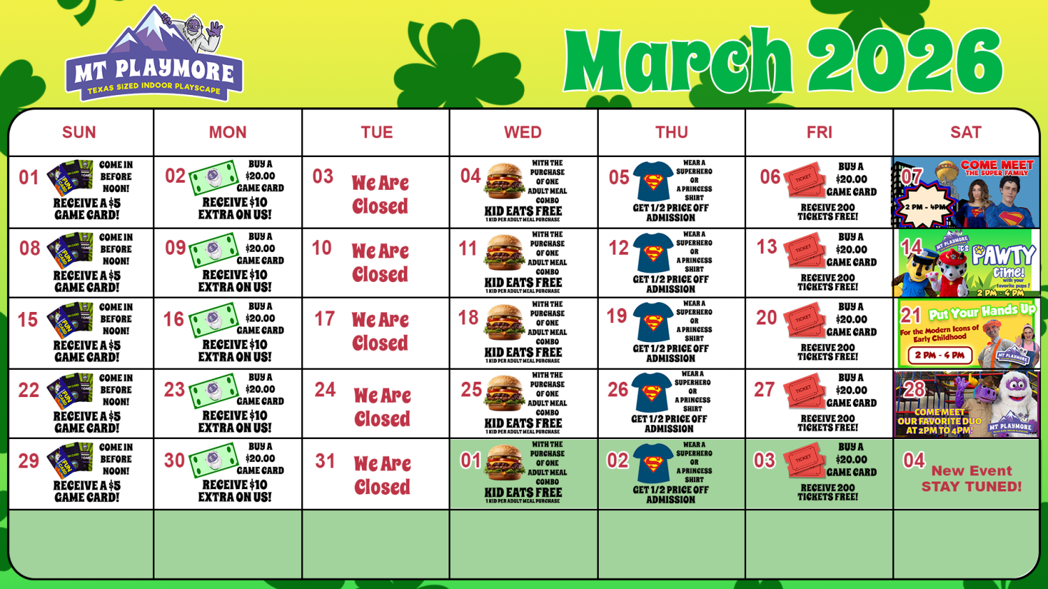 Calendar of events for Mt Playmore