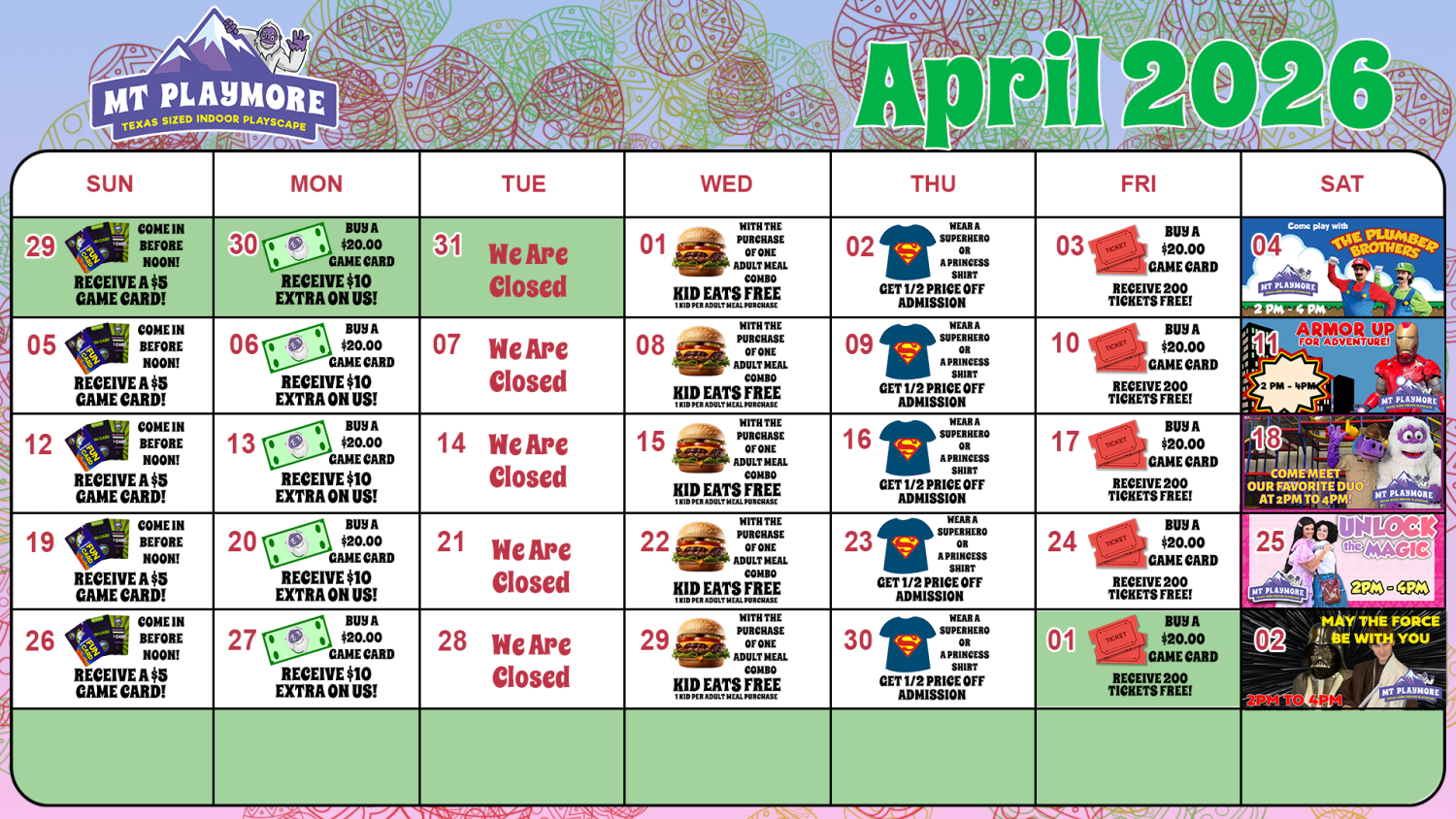 Calendar of events for Mt Playmore