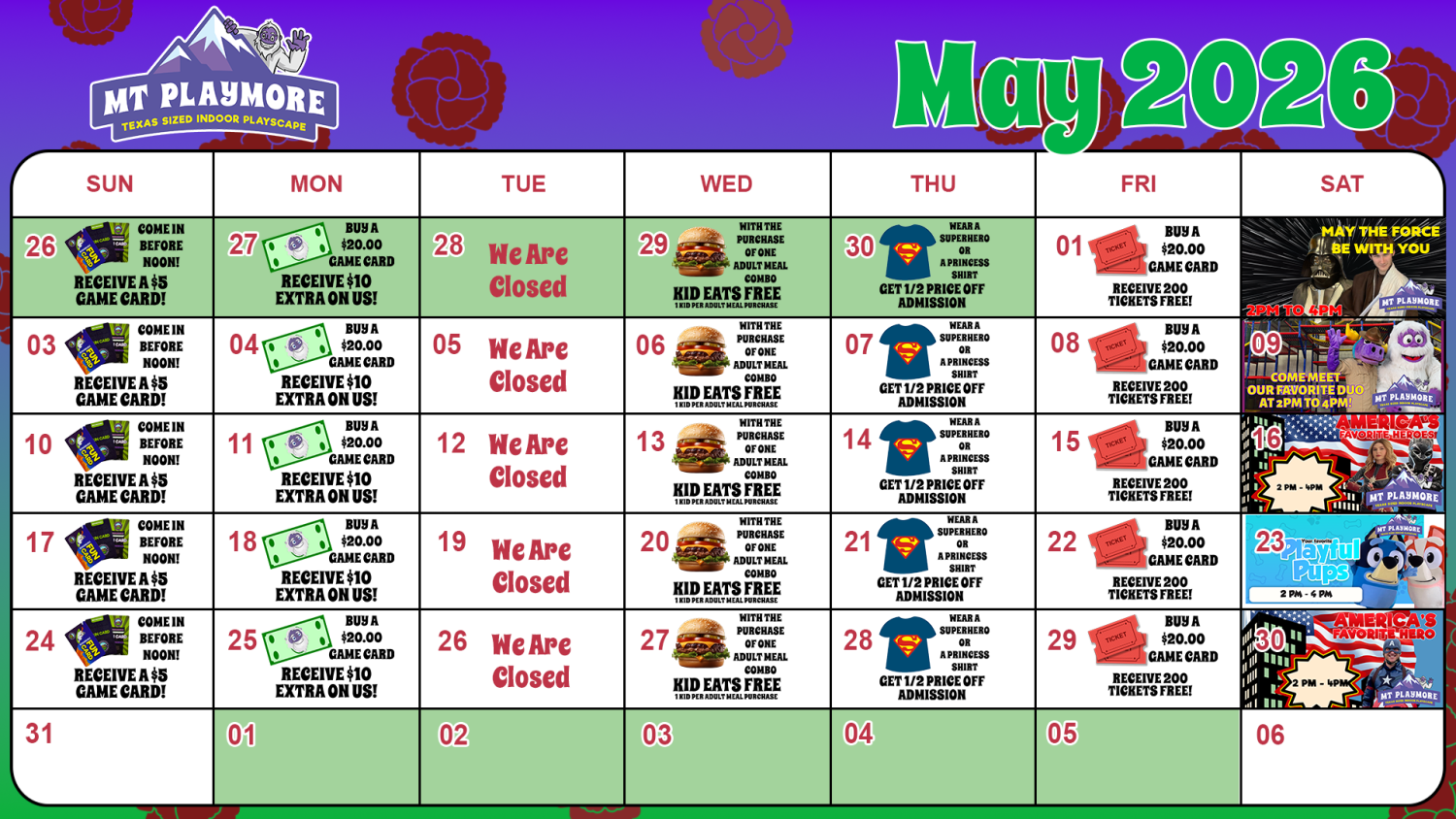 Calendar of events for Mt Playmore