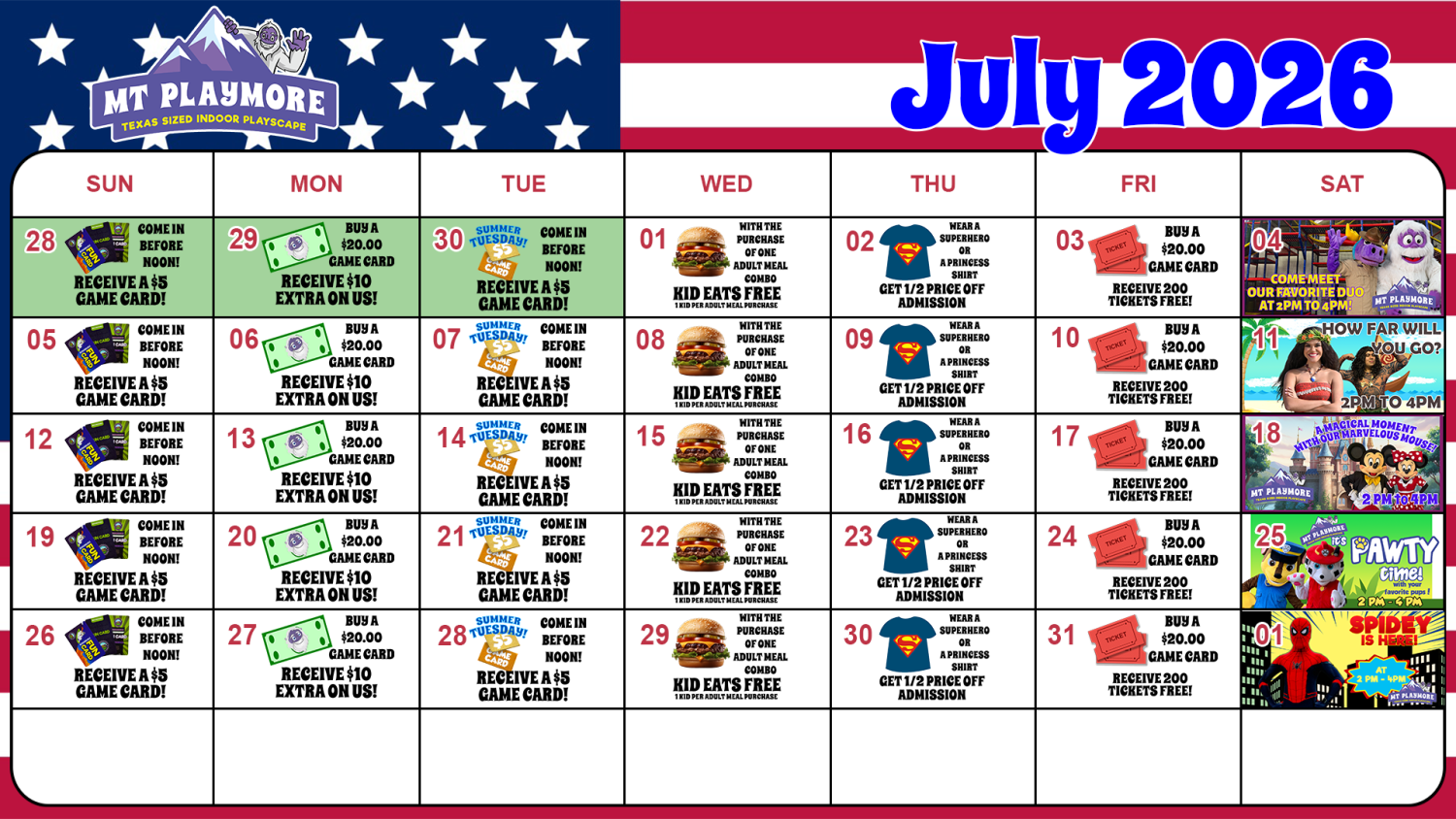 Calendar of events for Mt Playmore
