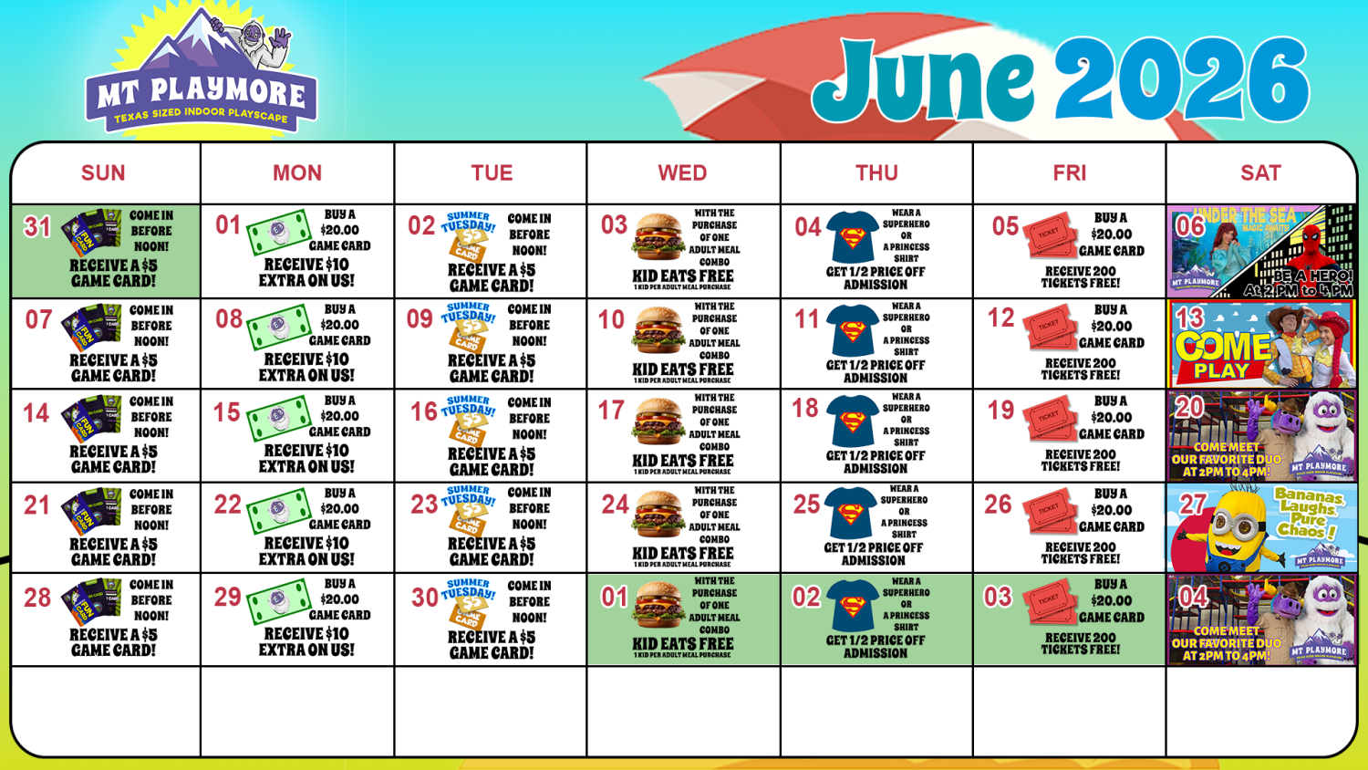 Calendar of events for Mt Playmore