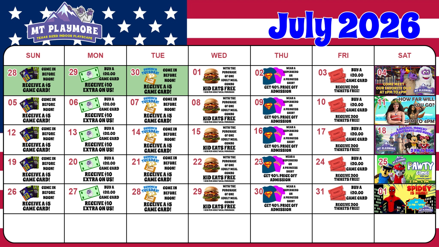 Calendar of events for Mt Playmore