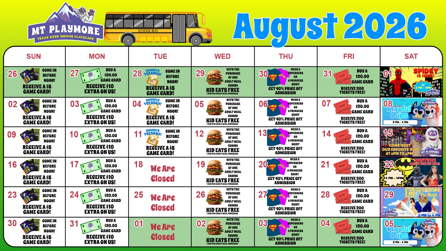 Calendar of events for Mt Playmore