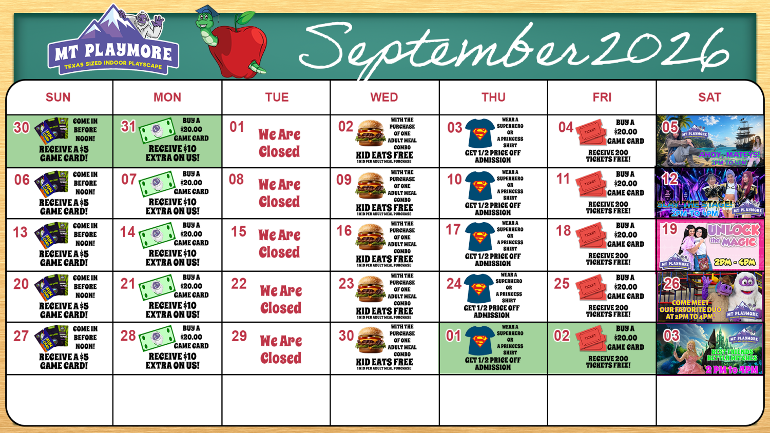 Calendar of events for Mt Playmore