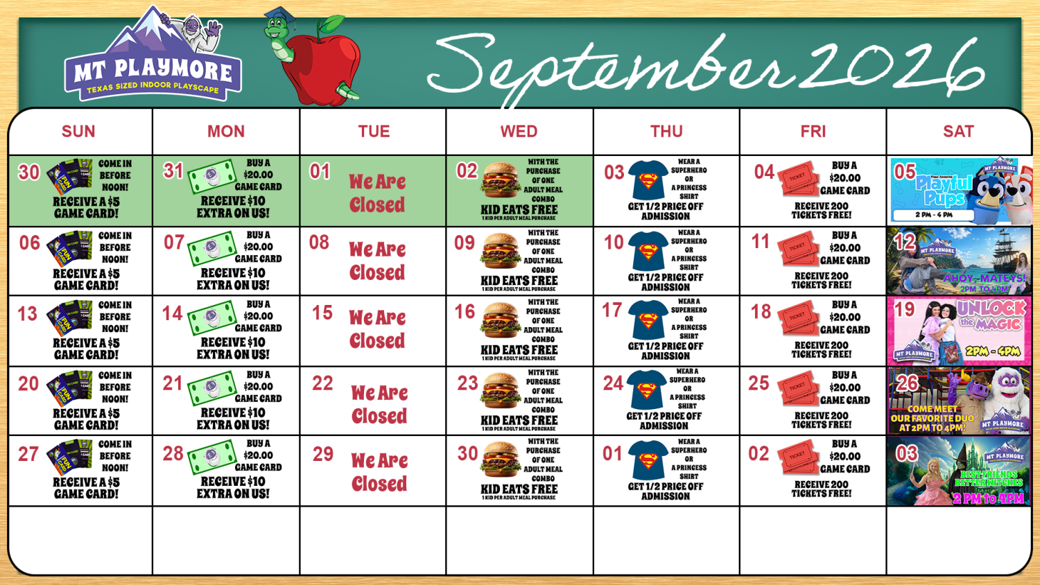 Calendar of events for Mt Playmore