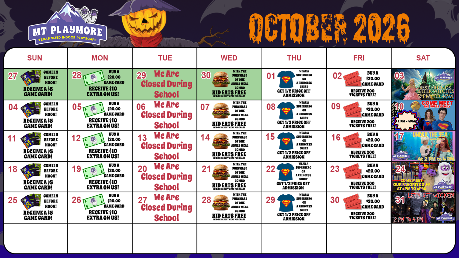 Calendar of events for Mt Playmore